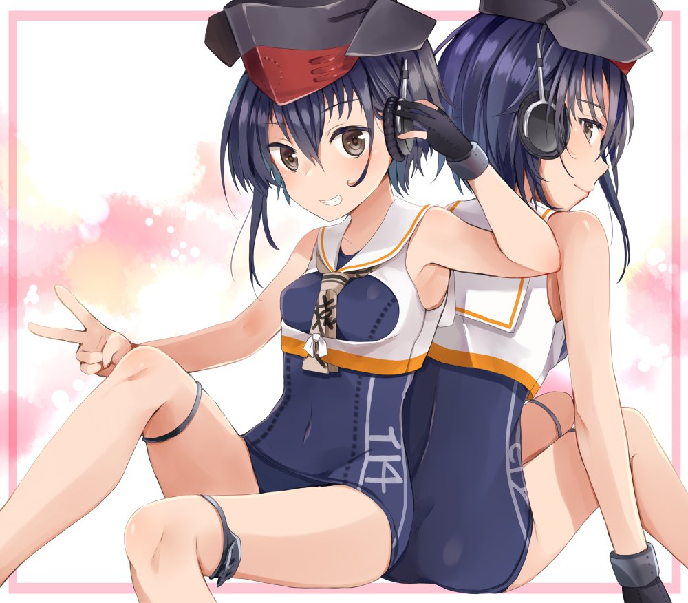 2girls asymmetrical_hair back-to-back bangs blue_hair character_name clenched_teeth clothes_writing covered_navel crop_top framed_breasts gloves grey_eyes grin hair_between_eyes hand_to_head hat i-13_(kantai_collection) i-14_(kantai_collection) kantai_collection knee_up knees_up looking_at_viewer looking_back multiple_girls one-piece_swimsuit partly_fingerless_gloves profile sailor_collar school_swimsuit sidelocks single_glove sisters sitting smile swimsuit teeth twins v yuna_(yukiyuna)