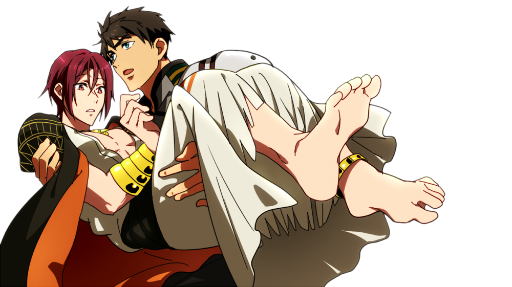 2boys alternate_costume anklet arabian_clothes barefoot black_hair blue_eyes bracer carrying chietori free! jewelry looking_afar looking_down male_focus matsuoka_rin multiple_boys open_mouth pectorals princess_carry red_eyes redhead short_hair simple_background splash_free white_background yamazaki_sousuke