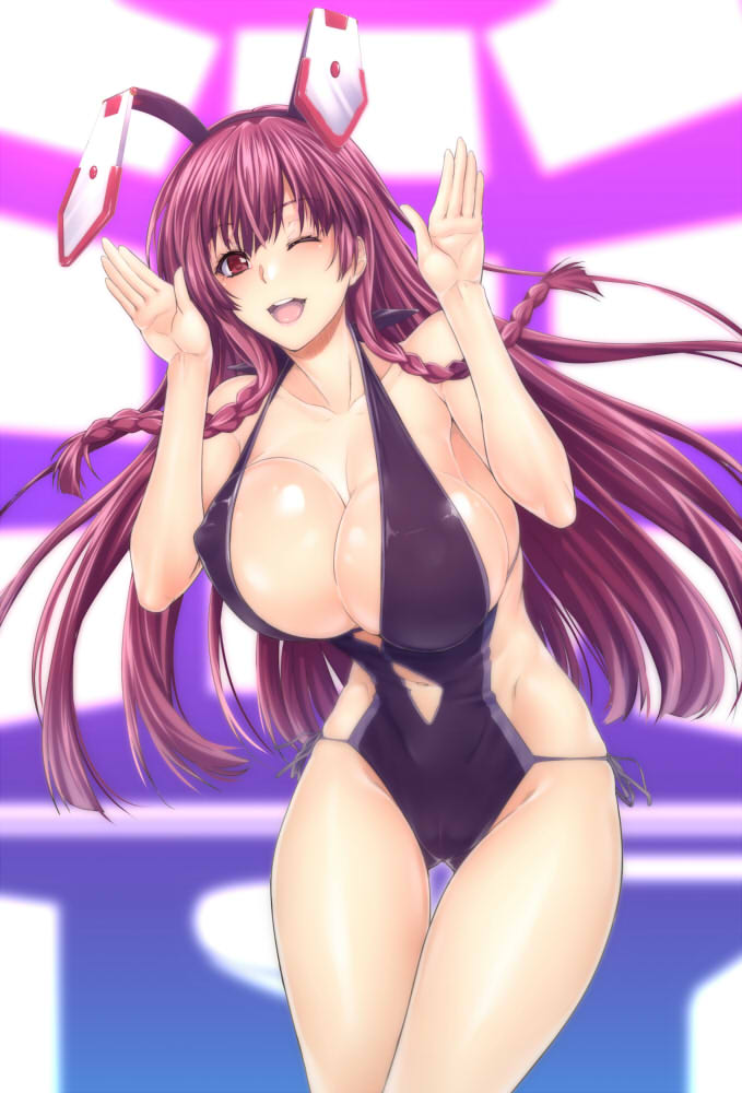 1girl animal_ears bangs blush braid breasts casual_one-piece_swimsuit cleavage huge_breasts infinite_stratos long_hair one-piece_swimsuit one_eye_closed open_mouth purple_hair rabbit_ears shinonono_tabane smile solo swimsuit violet_eyes zucchini