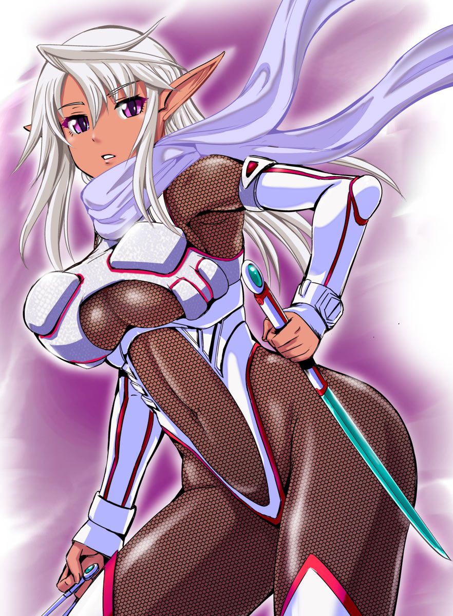 1girl armpits ass black_legwear black_scarf blue_eyes breastplate breasts cleavage_cutout cowboy_shot dark_elf dark_skin detached_sleeves elf groin highleg highres holding holding_weapon kumoi_takashi large_breasts long_hair looking_at_viewer midriff navel ninja ninjatou original parted_lips pointy_ears revealing_clothes scarf sidelocks solo stomach thigh-highs under_boob weapon white_hair