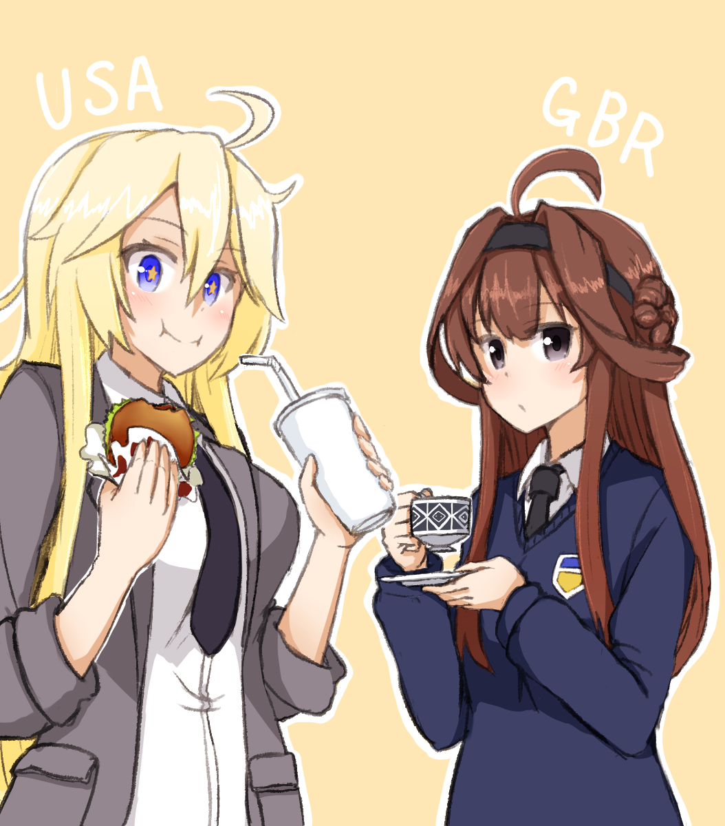 2girls :i ahoge atsushi_(aaa-bbb) black_necktie blazer blonde_hair blouse blue_eyes blue_sweater brown_hair cosplay cup darjeeling darjeeling_(cosplay) double_bun dress_shirt eating girls_und_panzer hair_between_eyes hair_ornament hairband highres iowa_(kantai_collection) jacket kantai_collection kay_(girls_und_panzer) kay_(girls_und_panzer)_(cosplay) kongou_(kantai_collection) long_hair looking_at_viewer multiple_girls necktie saunders_school_uniform school_uniform shirt simple_background st._gloriana's_school_uniform star star-shaped_pupils sweater symbol-shaped_pupils teacup v-neck white_blouse white_shirt