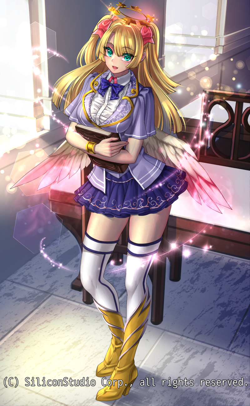 1girl :d blonde_hair book boots bracelet breasts chair character_request contrapposto eyebrows_visible_through_hair eyelashes green_eyes gyakushuu_no_fantasica highres indoors jewelry lens_flare_abuse magic mechanical_halo open_mouth ryuki@maguro-ex smile table thigh-highs twintails wings zettai_ryouiki