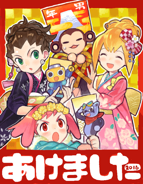 3girls aero blonde_hair brown_hair data_(rockman_dash) green_eyes japanese_clothes kimono kin_niku kobun monkey multiple_girls new_year pink_hair rockman rockman_dash roll_caskett short_hair translated tron_bonne