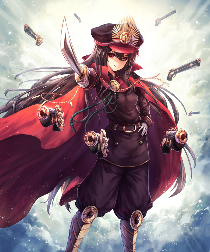 1girl armor black_hair cape demon_archer fate_(series) gloves gun hat japanese_clothes katana koha-ace long_hair looking_at_viewer military military_uniform oukatihiro peaked_cap red_eyes rifle smile solo sword uniform weapon white_gloves