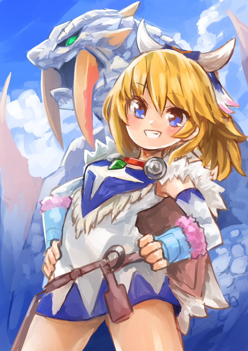 1girl :d ayuria bare_shoulders barioth blonde_hair blue_eyes blush bone_hair_ornament cape clouds day dress elbow_gloves fang fingerless_gloves fur_cape gloves green_eyes hand_on_hip looking_at_viewer monster_hunter monster_hunter_stories open_mouth ponytail sky sleeveless sleeveless_dress smile soraao_(aokabi) teeth