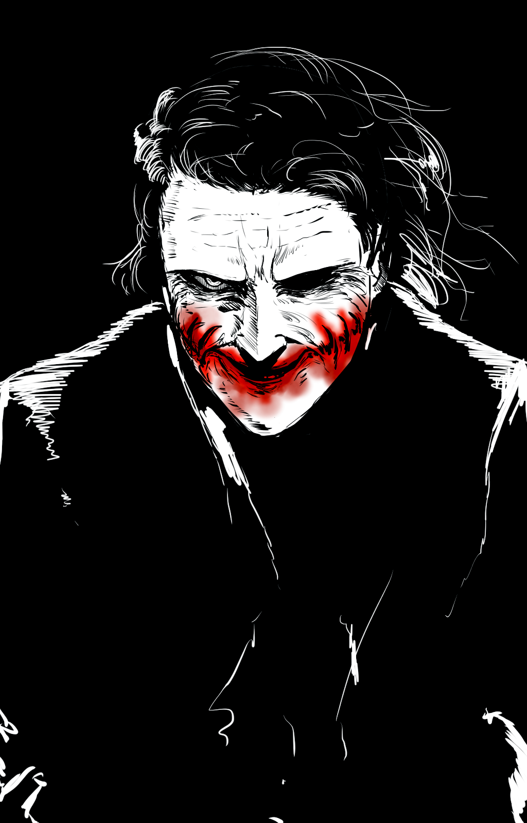 1boy batman_(series) black_background formal glasgow_smile grin highres itosiki_zetu kubrick_stare looking_at_viewer monochrome simple_background sketch smile solo spot_color stitched_mouth stitches suit the_joker upper_body