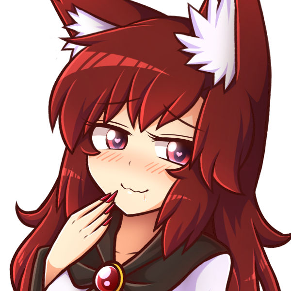 1girl animal_ears blush brooch brown_hair commentary dress drooling fingernails heart heart-shaped_pupils imaizumi_kagerou jewelry long_hair long_sleeves looking_at_viewer nail_polish red_eyes red_nails saliva sharp_fingernails simple_background smile solo symbol-shaped_pupils touhou upper_body wavy_mouth white_background wolf_ears wool_(miwol)