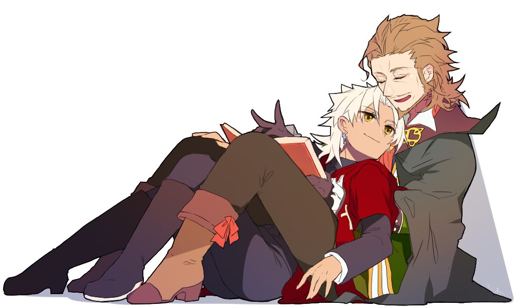 2boys beard brown_hair caster_of_red dark_skin facial_hair fate/apocrypha fate/grand_order fate_(series) gloves grey_eyes hug kotomine_shirou looking_at_another male_focus multiple_boys short_hair simple_background smile white_background white_hair yaoi