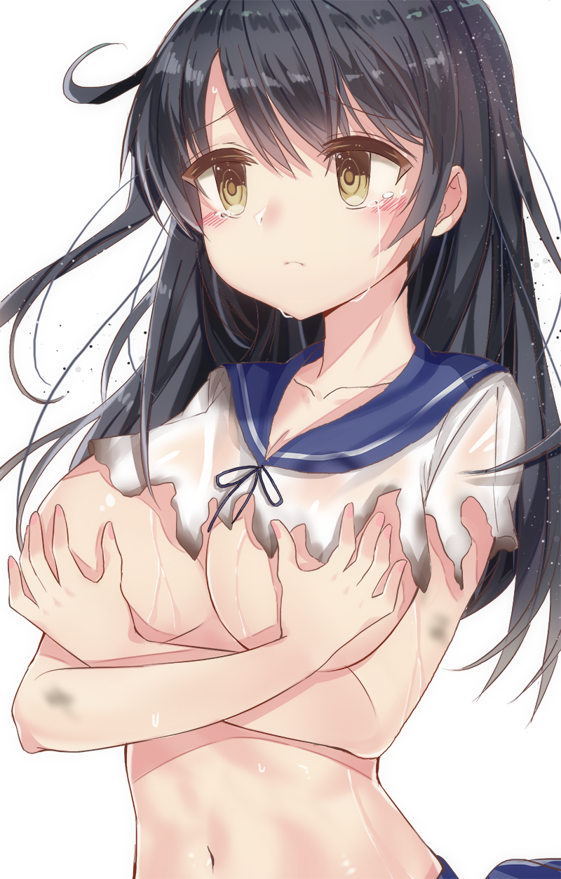 1girl black_hair black_ribbon blush breasts breasts_outside brown_eyes burnt_clothes closed_mouth collarbone covering covering_breasts crossed_arms crying frown highres kantai_collection large_breasts long_hair looking_afar melang_b navel protected_link ribbon school_uniform serafuku shirt short_sleeves simple_background solo stomach sweat tears torn_clothes torn_shirt upper_body ushio_(kantai_collection) white_background white_shirt