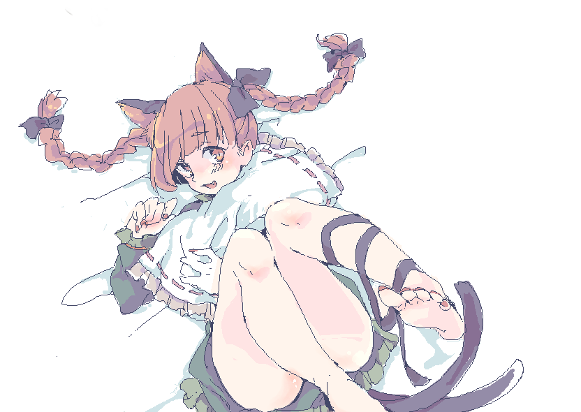 1girl animal_ears ass bare_legs barefoot braid cat_ears cat_tail dress extra_ears green_dress kaenbyou_rin kiguchiko long_hair long_sleeves lying multiple_tails nail_polish on_back on_bed pillow sketch tail toenail_polish touhou twin_braids two_tails