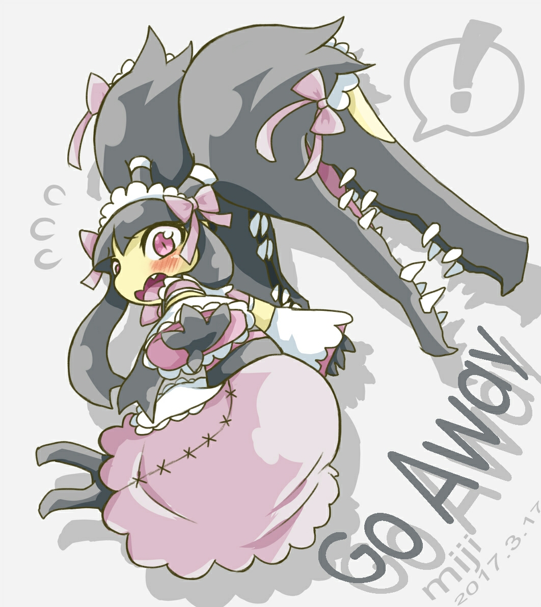 ! apron blush bow detached_sleeves dress embarrassed flying_sweatdrops lolita_fashion maid_apron maid_cap maid_headdress mawile mega_mawile mega_pokemon miji outstretched_hand pink_dress pokemon pokemon_(creature) violet_eyes