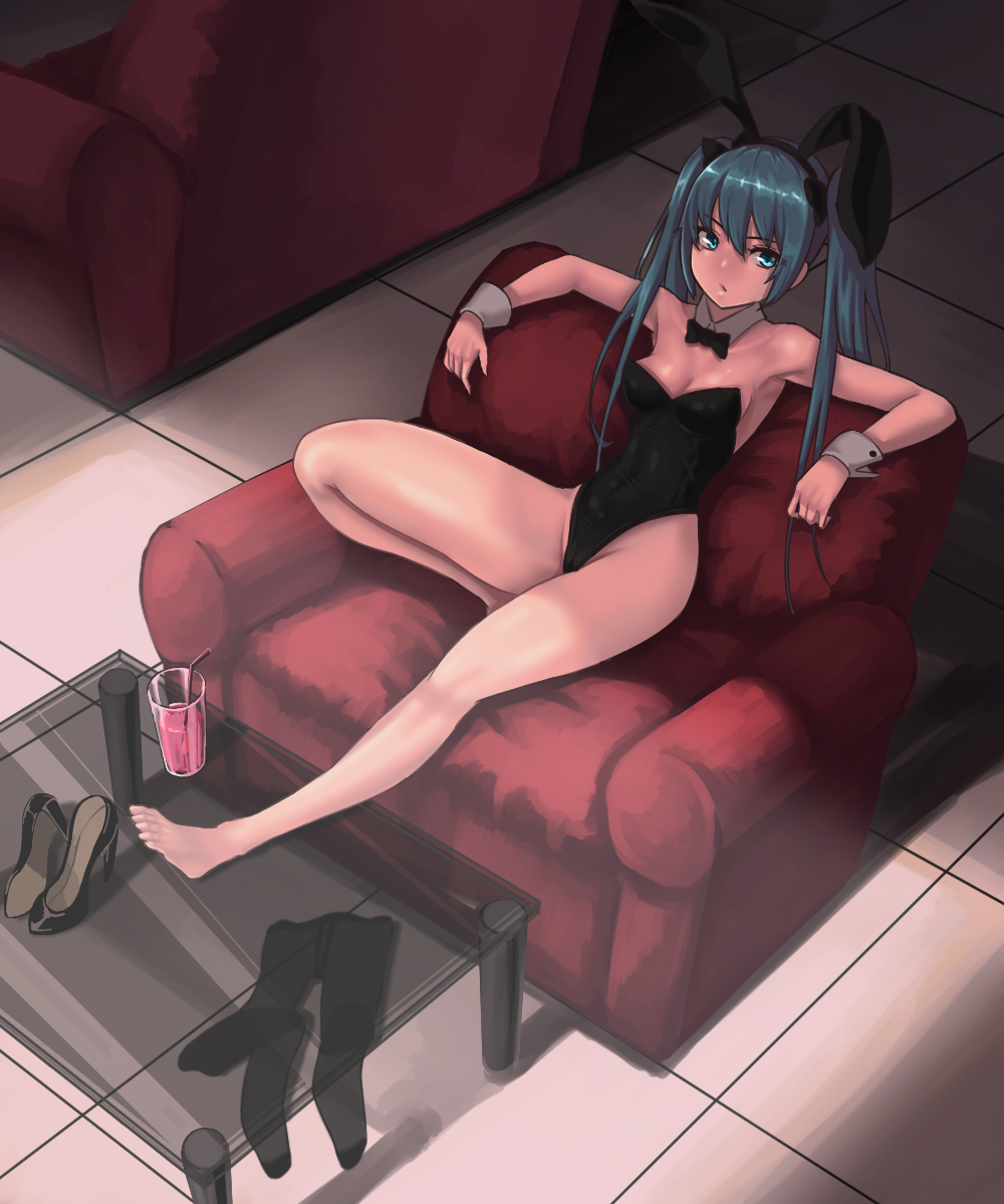 1girl animal_ears aqua_eyes aqua_hair armchair armpits arms_up bare_arms bare_legs bare_shoulders barefoot black_bow black_bowtie black_hairband black_legwear black_leotard black_shoes bow bowtie breasts bunny_girl bunnysuit chair cleavage cloel collarbone cup detached_collar drink drinking_glass drinking_straw fake_animal_ears feet from_above glass_table groin hairband hatsune_miku high_heels leaning_back leotard liquid long_hair looking_at_viewer looking_up medium_breasts pantyhose_removed rabbit_ears shoes shoes_removed solo strapless strapless_leotard table thighhighs_removed toes twintails vocaloid wrist_cuffs