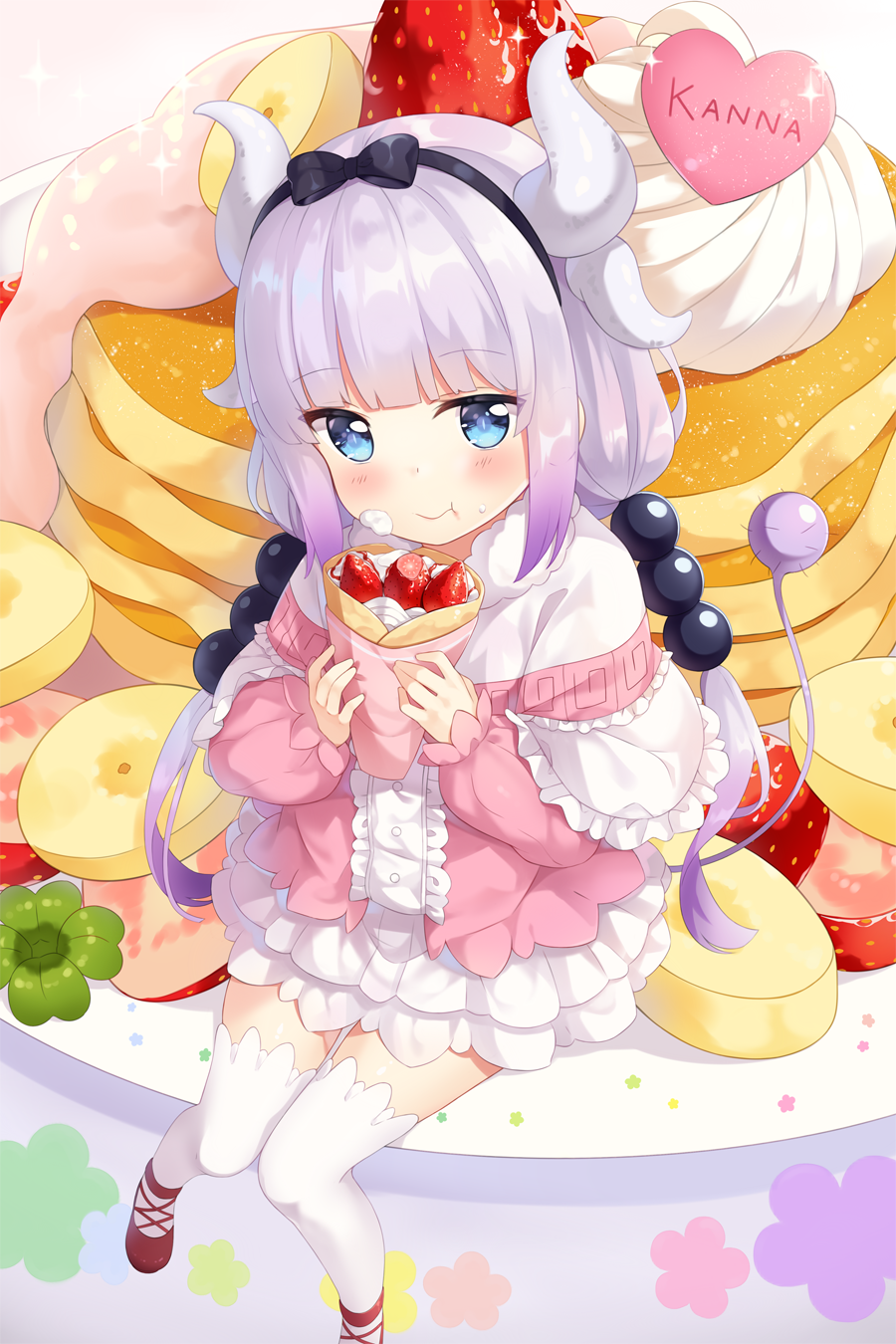 1girl bangs beads black_bow black_hairband blouse blue_eyes blunt_bangs bow buttons capelet center_frills character_name closed_mouth crepe cross-laced_footwear dragon_girl dragon_horns dress eating eyebrows_visible_through_hair food food_on_face frilled_capelet frills fruit full_body gothic_lolita gradient gradient_hair hair_beads hair_bow hair_ornament hairband highres hitsukuya holding holding_food horns kanna_kamui knees_together_feet_apart kobayashi-san_chi_no_maidragon lavender_hair lolita_fashion long_hair long_sleeves low_twintails microdress multicolored_hair pink_shoes plate purple_hair shoes sitting solo standing strawberry tail thigh-highs twintails white_legwear