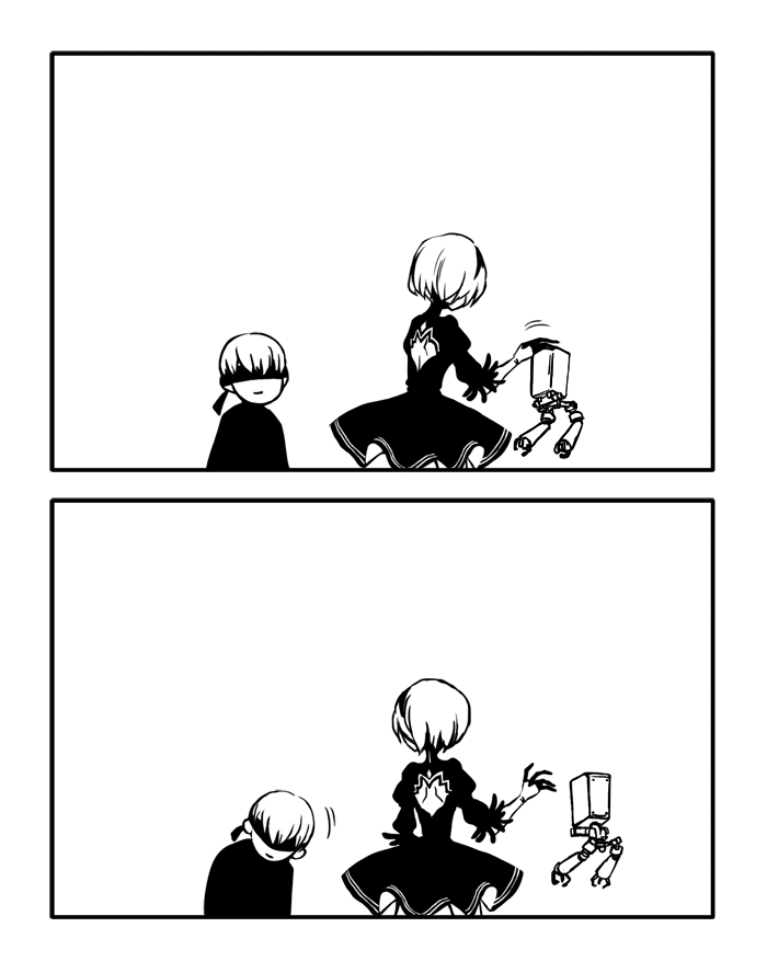 1boy 1girl 2koma android black_border blindfold border comic dress gloves greyscale juliet_sleeves leaning_forward long_sleeves monochrome nier_(series) nier_automata nona_ennea petting pod_(nier_automata) puffy_sleeves robot short_hair silent_comic white_background yorha_no._2_type_b yorha_no._9_type_s