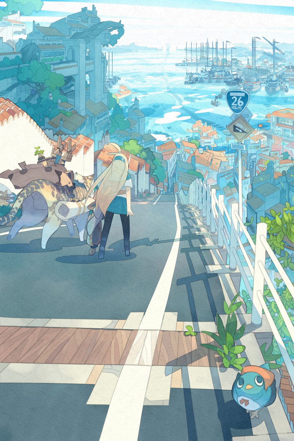 1girl ahoge akitsu_taira animal arms_at_sides bag barrel belt bird black_legwear blonde_hair blue_skirt blue_sky bow bowtie building bush cityscape clouds cloudy_sky commentary_request day facing_away fantasy fence flood green_skirt hairband highres horizon house izumi_luna_(akitsu_taira) leopard long_hair looking_up ocean original outdoors overgrown pantyhose plant red_bow red_bowtie road road_sign scenery see-through shadow ship shirt short_sleeves sign skirt sky smoke topknot tree vanishing_point very_long_hair walking wall water watercraft white_shirt window