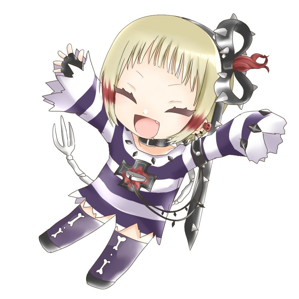 arms_up blonde_hair fang fingerless_gloves gloves gohan_004 happy mahou_shoujo_ikusei_keikaku mahou_shoujo_ikusei_keikaku_limited shirt short_hair smile spike striped striped_shirt tot_pop