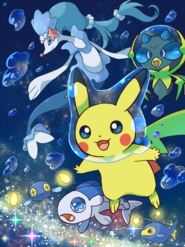 bubble chinchou dewpider lanturn pikachu pokemon pokemon_(game) pokemon_sm primarina sen_pic wishiwashi