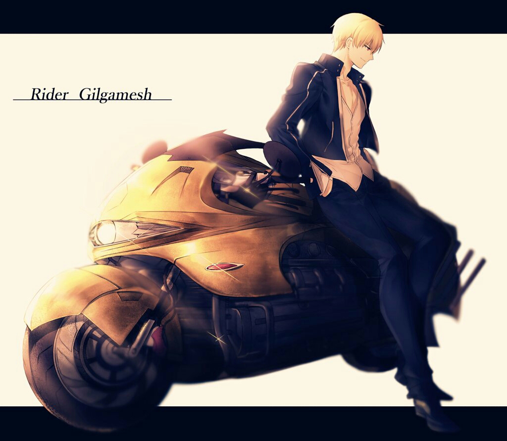 1boy blonde_hair character_name closed_mouth fate/stay_night fate_(series) full_body gilgamesh ground_vehicle hands_in_pockets letterboxed looking_down motor_vehicle motorcycle red_eyes solo sparkle yuririensu