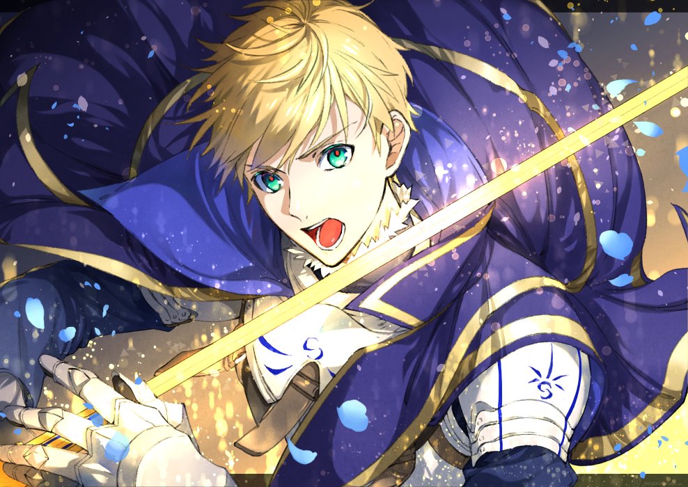 1boy ahoge armor blonde_hair cape excalibur fate/grand_order fate/prototype fate_(series) gauntlets glowing green_eyes male_focus mou_(mooooow) open_mouth saber_(fate/prototype) short_hair solo sword weapon