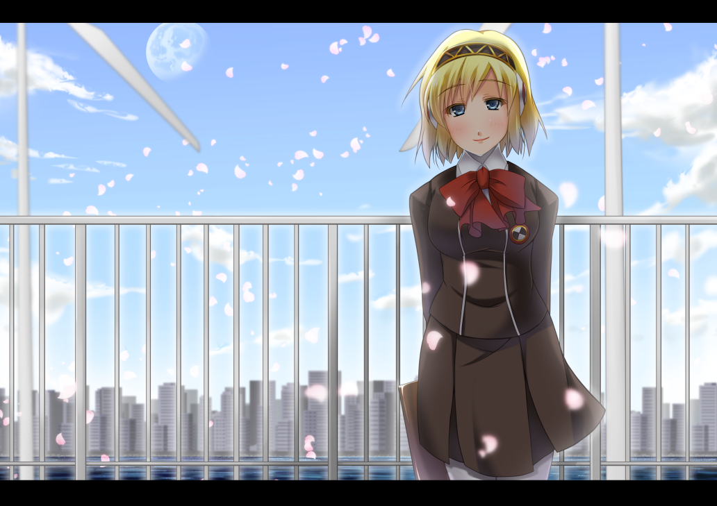 aegis aegis_(persona) arms_behind_back blonde_hair blue_eyes blue_sky blush cherry_blossoms guatemala headband letterboxed looking_at_viewer persona persona_3 railing red_ribbon ribbon school_uniform short_hair sky smile windmill