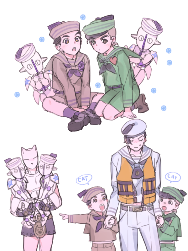 3boys belt black_hair brown_eyes bubble buck_teeth dixie_cup_hat english hand_holding hat heart higashikata_jousuke_(jojolion) jojo_no_kimyou_na_bouken jojolion killer_queen kira_yoshikage_(jojolion) kuujou_josefumi life_vest midriff military_hat multiple_boys navel pants peace_symbol pointing pompadour reammara sailor_collar sailor_hat shoes short_hair shorts simple_background sitting socks soft_&amp;_wet sweatdrop tassel white_background younger