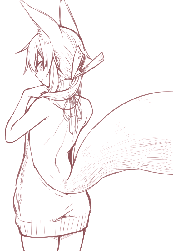 1girl animal_ears backless_outfit bangs bare_back bare_shoulders closed_mouth cowboy_shot dimples_of_venus drawstring dress eyebrows_visible_through_hair fox_ears fox_girl fox_tail from_behind greyscale hair_ribbon halterneck inari_(ryuusei) lineart long_hair looking_at_viewer looking_back meme_attire monochrome naked_sweater open-back_dress original ponytail profile ribbed_sweater ribbon ryuusei_(ryuuseiseikou) sidelocks simple_background smile solo sweater sweater_dress tail tamakagura_inari tsurime turtleneck turtleneck_sweater virgin_killer_sweater