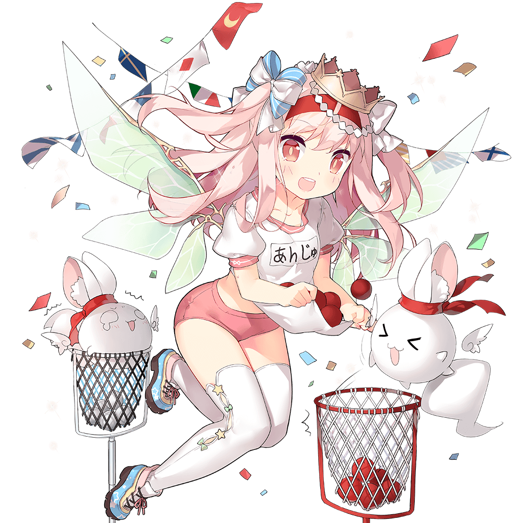 1girl ball bright_pupils buruma character_request confetti creature crown flag floating_hair gym_uniform hair_ribbon hairband long_hair muyfie name_tag official_art open_mouth pink_hair red_eyes ribbon round_teeth saru shirt_carry shoes short_sleeves sneakers solo teeth thigh-highs transparent_background two_side_up uchi_no_hime-sama_ga_ichiban_kawaii white_legwear wings