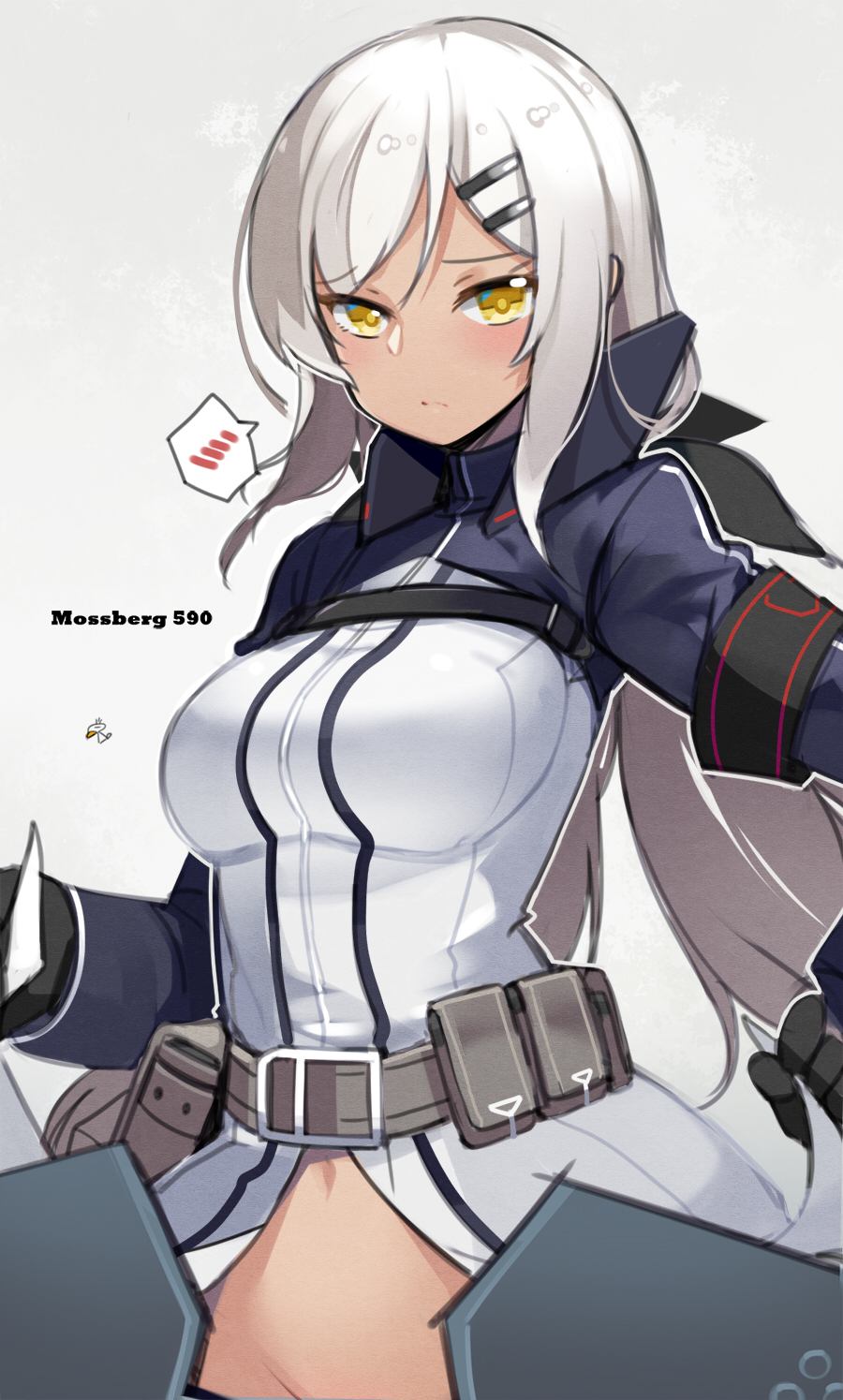 1girl aosora_kamiya armband belt_pouch black_ribbon blush breasts character_name closed_mouth commentary_request girls_frontline groin hair_ornament hair_ribbon hairclip highres long_hair long_sleeves looking_at_viewer medium_breasts mossberg_m590_(girls_frontline) navel out-of-frame_censoring revision ribbon solo spoken_blush tan upper_body white_hair yellow_eyes