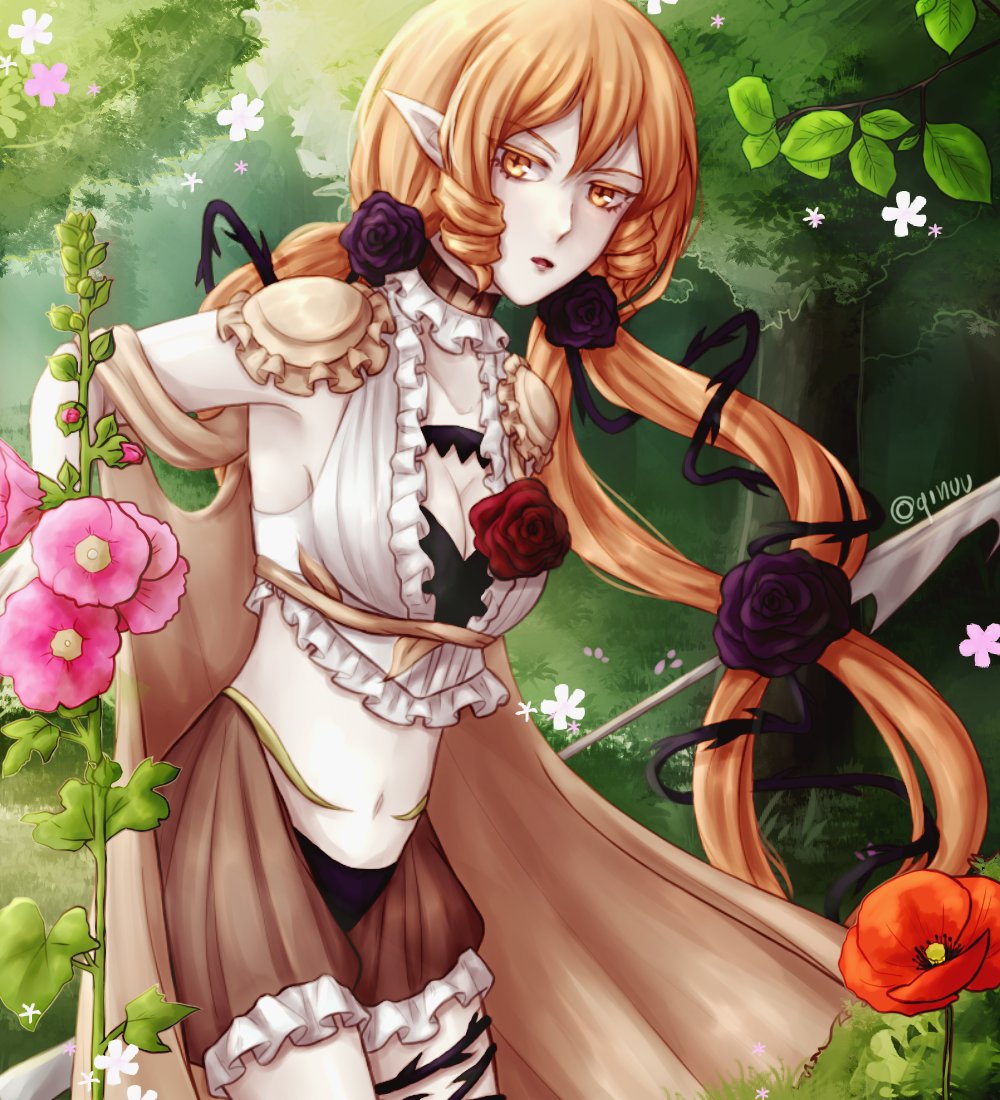 1girl blonde_hair breasts cleavage elf flower harpoon leaf long_hair mahou_shoujo_ikusei_keikaku mahou_shoujo_ikusei_keikaku_restart melville nature navel pointy_ears qinuu rose solo tree weapon yellow_eyes