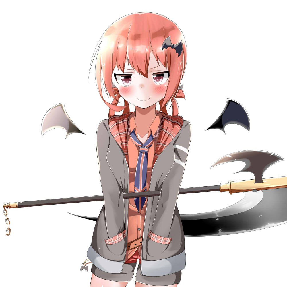 &gt;:) 1girl attokyu bat_hair_ornament belt blush buttons collar collarbone collared_shirt commentary_request cowboy_shot demon_wings dot_nose eyebrows_visible_through_hair gabriel_dropout grey_jacket grey_shorts hair_ornament hair_rings hands_in_pockets holding holding_weapon jacket jitome kurumizawa_satanichia_mcdowell long_hair long_sleeves looking_at_viewer multicolored multicolored_clothes multicolored_shorts necktie plaid pocket red_shirt red_shorts redhead sanpaku scythe shiny shiny_clothes shiny_hair shiny_skin shirt shorts simple_background smile solo thigh_gap union_jack violet_eyes weapon white_background wings