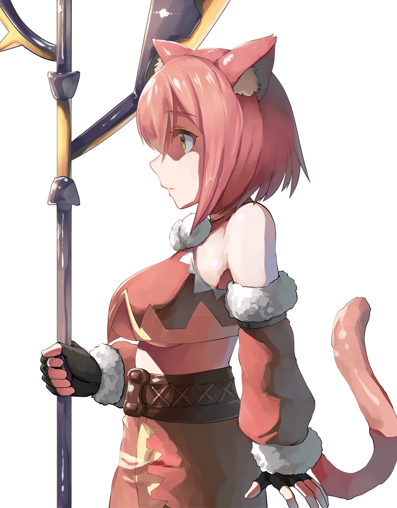 1girl animal_ears breasts character_request detached_sleeves eyelashes fingerless_gloves fur fur_trim gloves medium_hair midriff redhead shaun_(fallenicons) simple_background solo staff under_boob white_background yellow_eyes