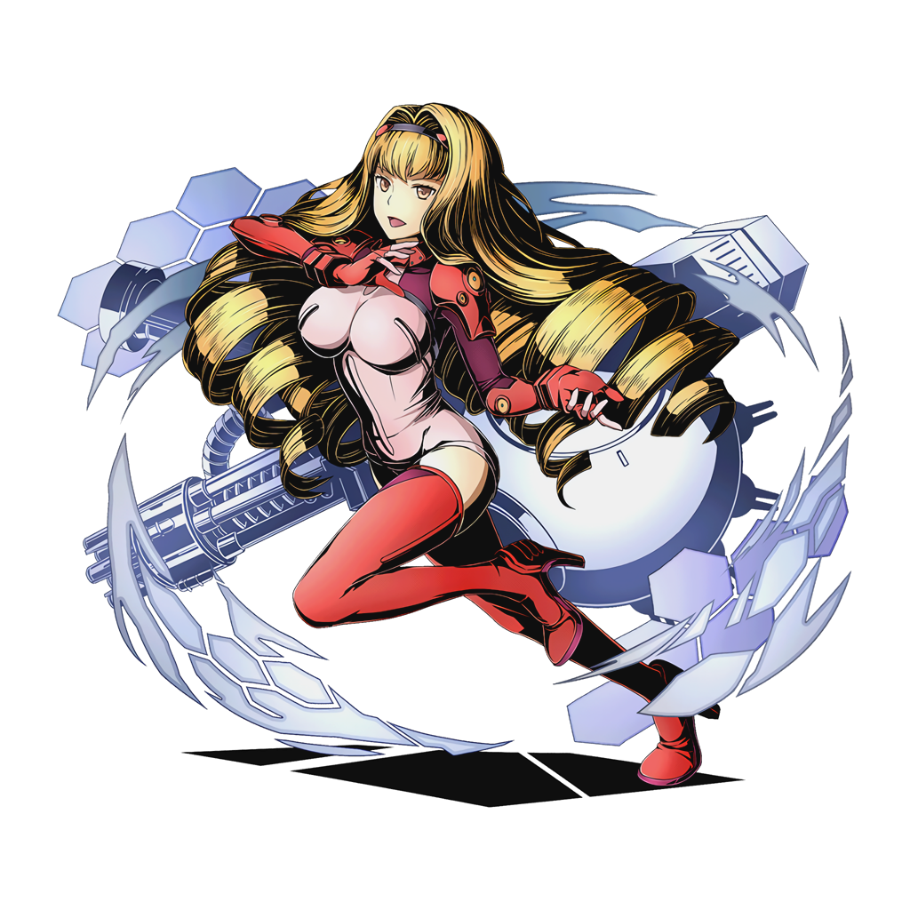 1girl black_hairband blonde_hair bodysuit boots breasts breasts_apart divine_gate drill_hair fingerless_gloves full_body gloves hairband heavy_object high_heels large_breasts leotard long_hair official_art ohoho_(heavy_object) one_leg_raised open_mouth orange_eyes pink_leotard red_boots shadow solo thigh-highs thigh_boots transparent_background ucmm very_long_hair