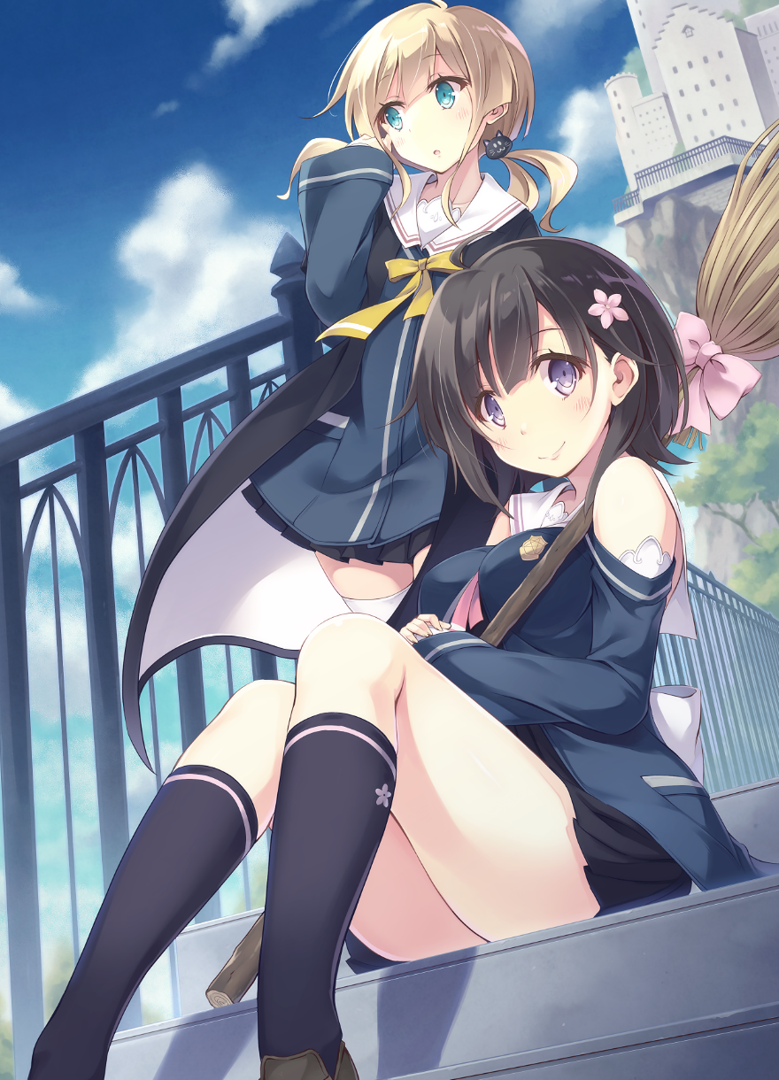 2girls :&gt; aqua_eyes bangs black_coat black_hair black_legwear black_shoes black_skirt blonde_hair blue_sky breasts broom cat_hair_ornament cherry_blossoms closed_mouth clouds cloudy_sky coat day dress eyebrows_visible_through_hair fantasy flower furumiya_haiji hair_flower hair_ornament hand_up highres holding holding_broom kneehighs loafers long_sleeves looking_at_viewer looking_to_the_side low_twintails medium_breasts multiple_girls open_clothes open_coat original outdoors parted_lips pleated_skirt railing sailor_dress shoes short_hair sitting skirt sky smile stairs thighs twintails violet_eyes