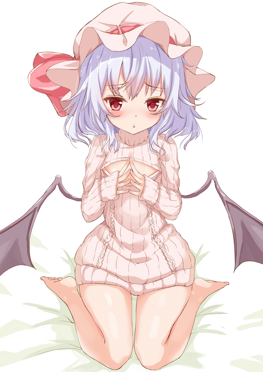 1girl :t bangs bare_legs barefoot bat_wings blue_hair blush full_body ging1993 hat hat_ribbon highres long_sleeves looking_at_viewer meme_attire mob_cap open-chest_sweater pink_sweater pout red_eyes red_ribbon remilia_scarlet ribbed_sweater ribbon sitting solo sweater touhou turtleneck turtleneck_sweater wariza white_background wings
