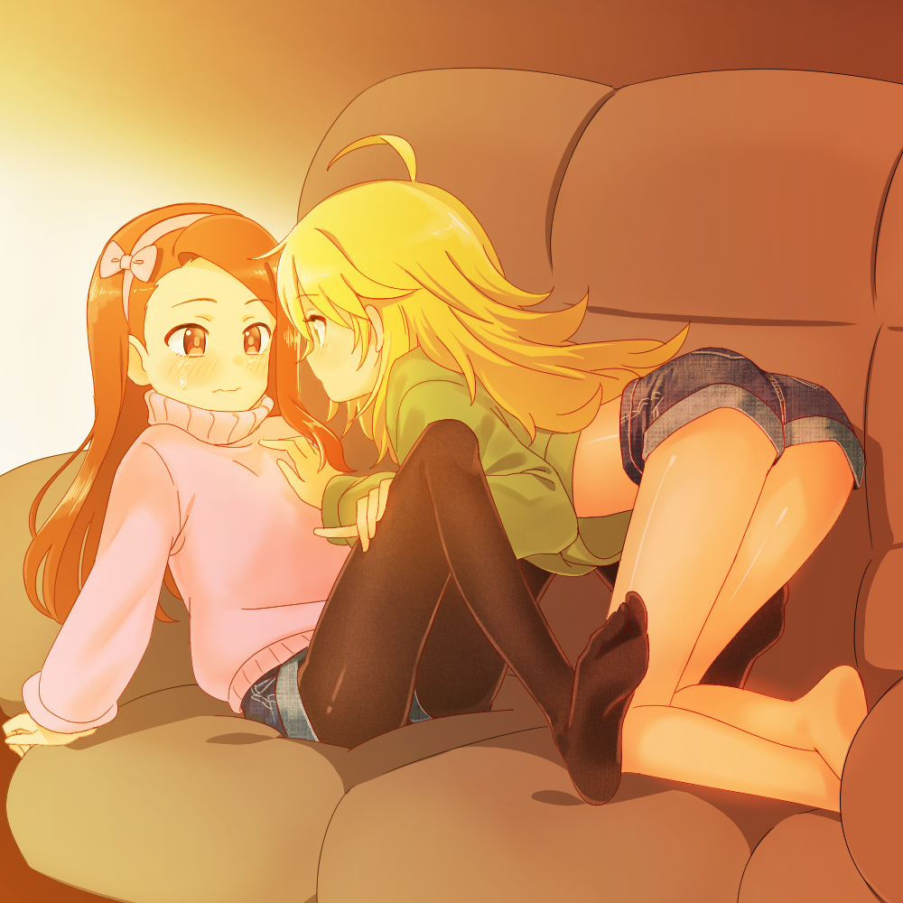 2girls ahoge arm_support bangs barefoot black_legwear blonde_hair blush brown_eyes brown_hair couch deadnooodles denim denim_shorts feet green_eyes hairband hand_on_another's_chest hoshii_miki idolmaster long_hair looking_at_another messy_hair minase_iori multiple_girls no_shoes pantyhose pink_sweater shorts sitting soles sweater swept_bangs thighs wavy_mouth yuri