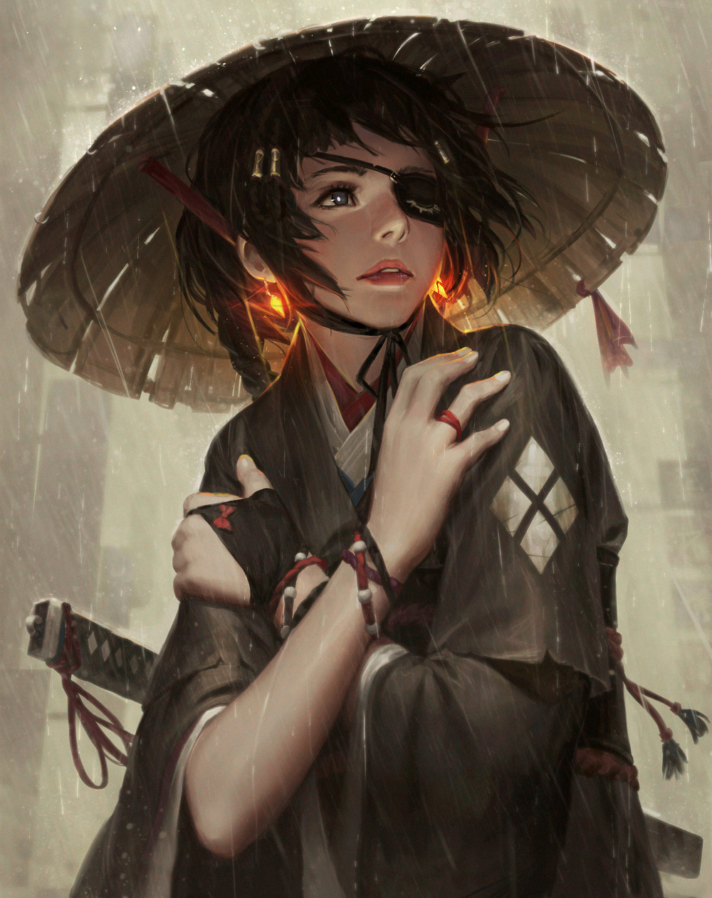 1girl black_eyes black_hair black_kimono black_ribbon crossed_arms earrings eyepatch finger_ribbon fingernails gloves glowing glowing_earrings guweiz hair_tubes hat highres japanese_clothes jewelry kimono lips looking_afar nose original rain red_lips red_ribbon ribbon self_hug short_hair single_glove solo straw_hat sword weapon wide_sleeves