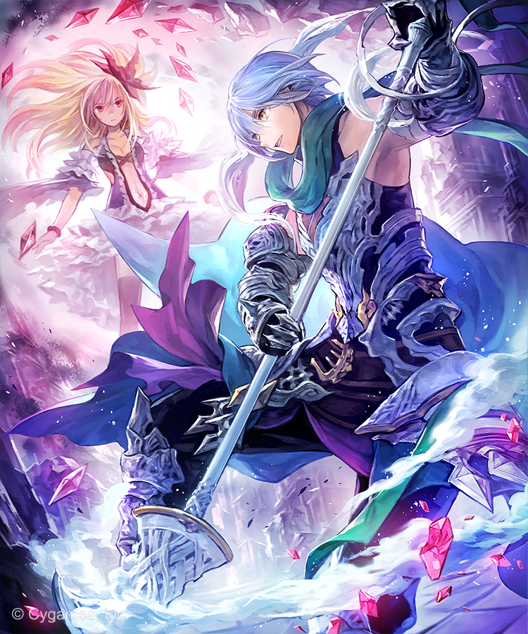 1boy 1girl armpits attack bare_shoulders blonde_hair blue_eyes boots bracelet breastplate crystal detached_sleeves dress frilled_dress frills gauntlets gem green_scarf hakou_(barasensou) holding holding_spear holding_weapon jewelry long_hair looking_at_another magic medium_hair navel official_art parted_lips polearm red_eyes scarf shingeki_no_bahamut short_sleeves smile spear standing watermark weapon yellow_eyes