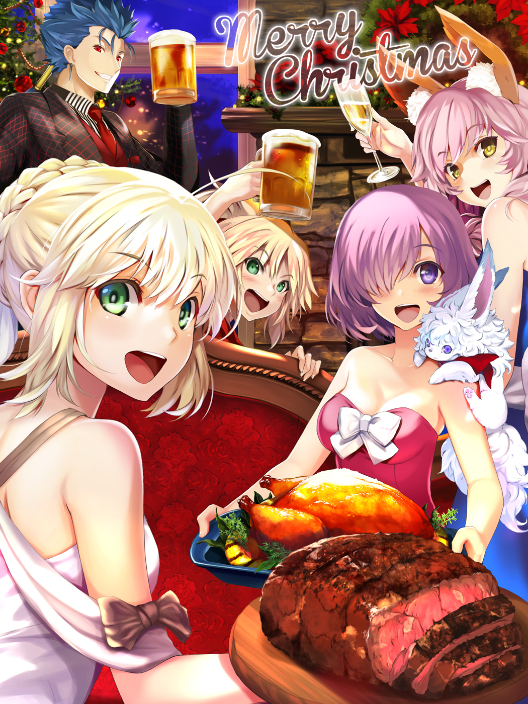 1boy 4girls :d ahoge alcohol alternate_costume animal animal_ears animal_on_shoulder arm_up artoria_pendragon_(all) bare_arms bare_shoulders beer beer_mug blonde_hair blue_dress blue_hair blush bow braid breasts brown_bow champagne christmas christmas_lights christmas_ornaments christmas_tree cleavage collarbone couch cup dress drinking_glass earrings ep_(emio_parn) eyebrows_visible_through_hair fate/apocrypha fate/extra fate/grand_order fate/stay_night fate_(series) food formal fou_(fate/grand_order) fox_ears french_braid fried_chicken fruit green_eyes grin hair_between_eyes hair_over_one_eye hand_up highres holding holding_cup holding_glass holding_tray indoors jacket jewelry lancer leaf lemon long_hair long_sleeves looking_at_viewer looking_back mash_kyrielight merry_christmas mordred_(fate) mordred_(fate)_(all) multiple_girls necktie night night_sky on_shoulder open_mouth pink_dress pink_hair purple_hair red_eyes red_necktie red_ribbon red_shirt ribbon saber sash shiny shiny_skin shirt short_hair sky smile sparks spiky_hair standing stone_wall strapless strapless_dress striped striped_shirt suit tamamo_(fate)_(all) tamamo_no_mae_(fate) tray turkey_(food) violet_eyes wall white_bow white_dress window wine_glass yellow_eyes