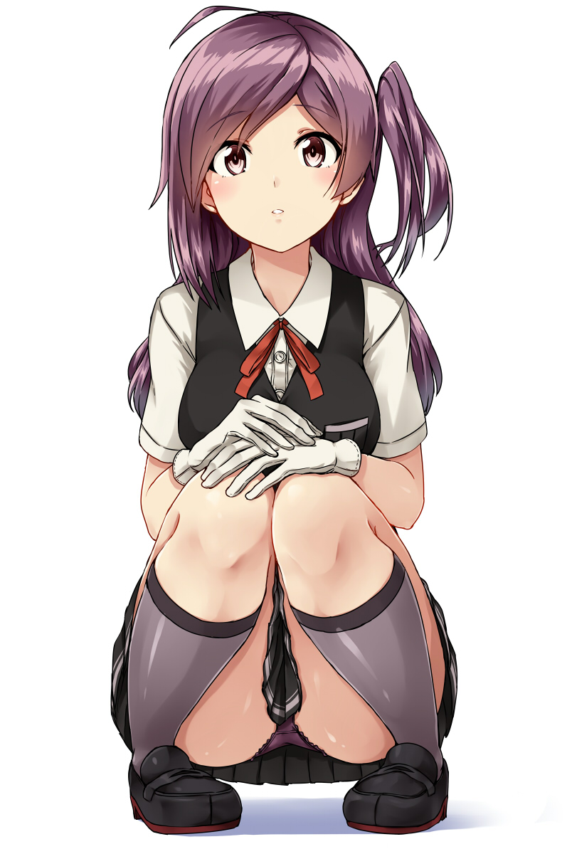 1girl :o ahoge bangs between_legs black_shoes black_skirt black_vest blush breast_pocket breasts buttons collared_shirt eyebrows_visible_through_hair full_body gloves grey_legwear hagikaze_(kantai_collection) hands_on_own_knees highres kamelie kantai_collection knees_together_feet_apart long_hair looking_at_viewer medium_breasts miniskirt one_side_up panties pantyshot pantyshot_(squatting) parted_bangs parted_lips pleated_skirt pocket purple_hair purple_panties red_ribbon ribbon shiny shiny_hair shirt shoes short_sleeves simple_background skirt solo squatting tareme underwear upskirt vest violet_eyes white_background white_gloves white_shirt wing_collar