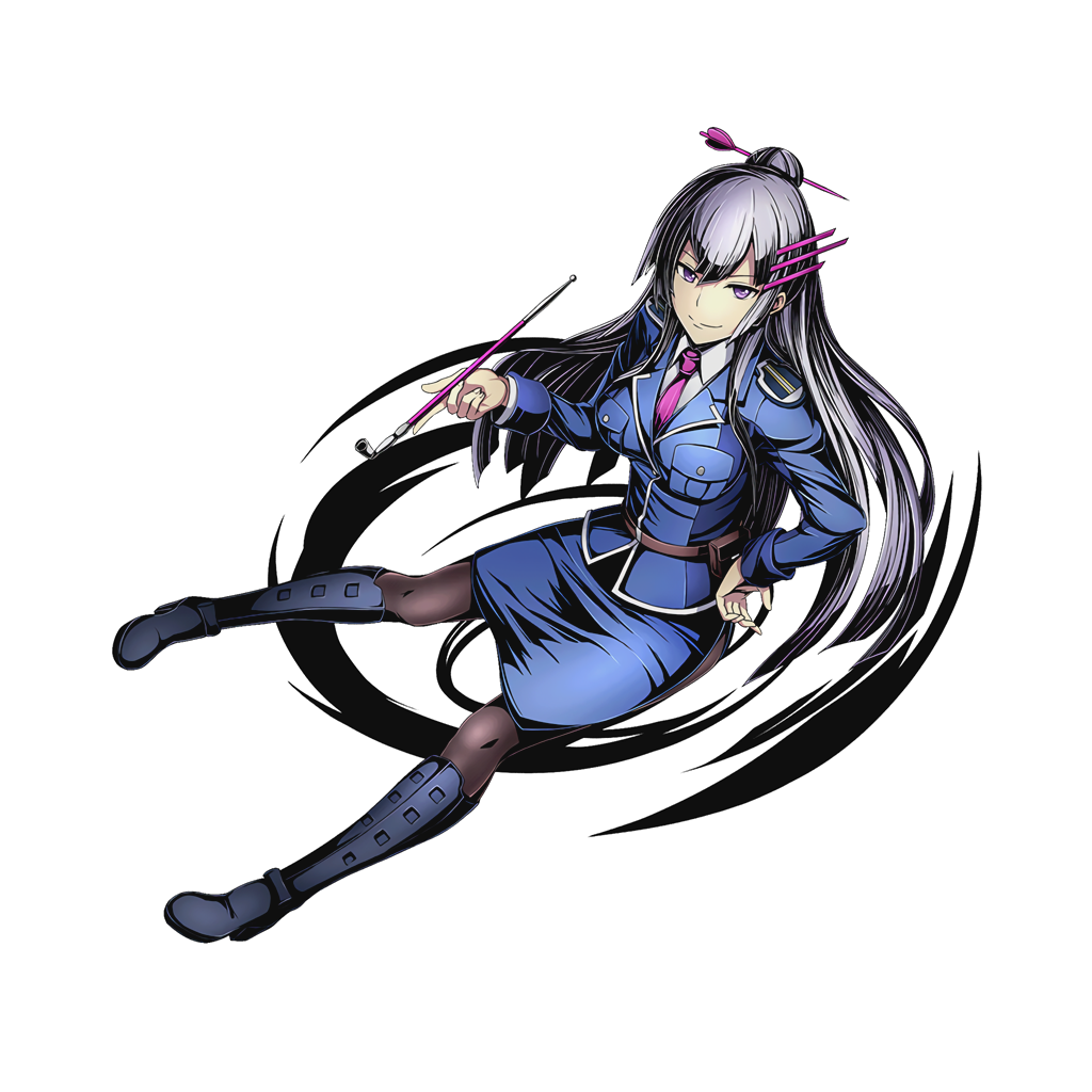 1girl black_legwear blue_boots blue_skirt boots breasts divine_gate frolaytia_capistrano full_body hair_ornament hairpin hand_on_hip heavy_object holding holster knee_boots large_breasts long_hair looking_at_viewer military military_uniform necktie official_art pantyhose purple_necktie silver_hair skirt smile solo transparent_background ucmm uniform very_long_hair violet_eyes