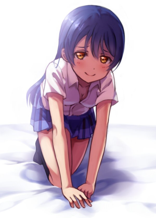 1girl all_fours bangs bed_sheet black_legwear blue_hair blush breasts cleavage collared_shirt commentary_request kneehighs long_hair looking_at_viewer love_live! love_live!_school_idol_project no_shoes school_uniform shirt short_sleeves skirt smile solo sonoda_umi usamaru67pi white_shirt yellow_eyes