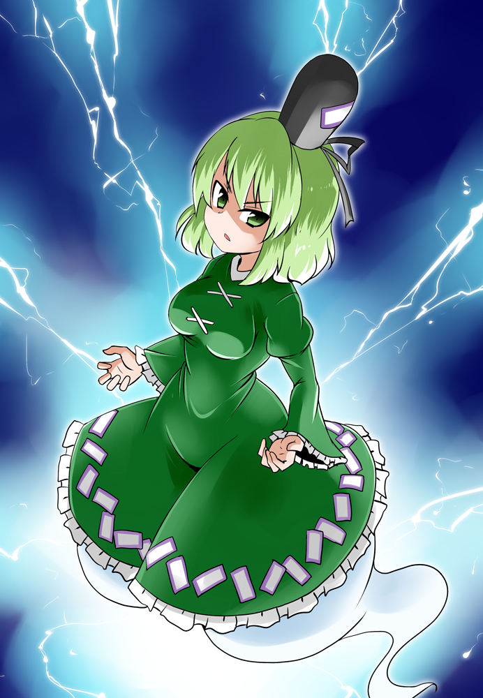 &gt;:o 1girl :o blush breasts curvy d:&lt; dress electricity ghost ghost_tail green_eyes green_hair hat juliet_sleeves kousei_(public_planet) lightning long_sleeves looking_at_viewer medium_breasts puffy_sleeves shaded_face short_hair soga_no_tojiko solo tate_eboshi touhou tsurime