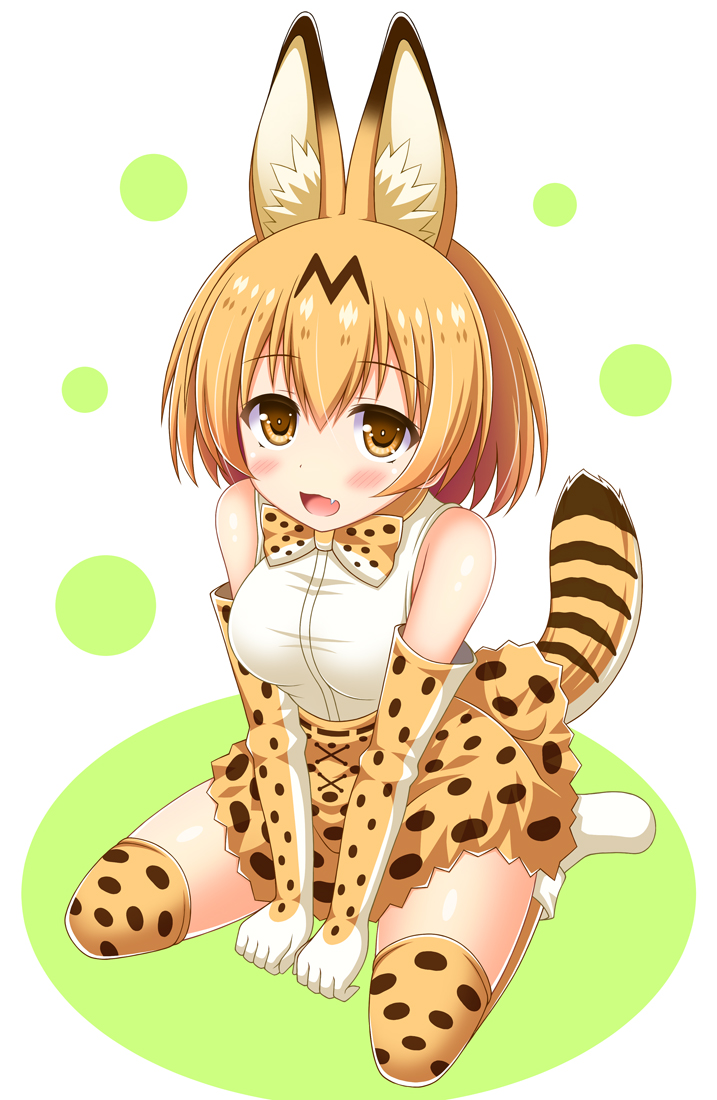 1girl animal_ears bare_shoulders blonde_hair blush bow cat_ears cat_tail elbow_gloves fang gloves kemono_friends looking_at_viewer nagana_sayui serval_(kemono_friends) serval_ears serval_print serval_tail short_hair simple_background sitting sleeveless smile tail thigh-highs wariza yellow_eyes