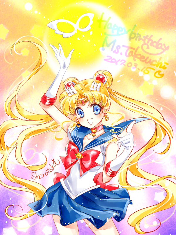 1girl 2017 :d bishoujo_senshi_sailor_moon blonde_hair blue_eyes blue_skirt cowboy_shot crescent_moon dated double_bun earrings elbow_gloves gloves hair_ornament hairpin happy_birthday jewelry long_hair looking_at_viewer magical_girl mask mask_removed moon multicolored multicolored_background no_nose open_mouth pleated_skirt red_choker sailor_collar sailor_moon shirataki_kaiseki signature skirt smile solo tiara tsukino_usagi twintails white_gloves