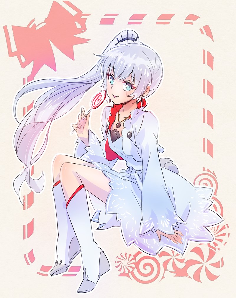1girl blue_eyes boots candy commentary_request dress earrings eye_scar food hair_ornament iesupa jacket jewelry lollipop necklace ponytail rwby solo tongue tongue_out weiss_schnee white_dress white_hair