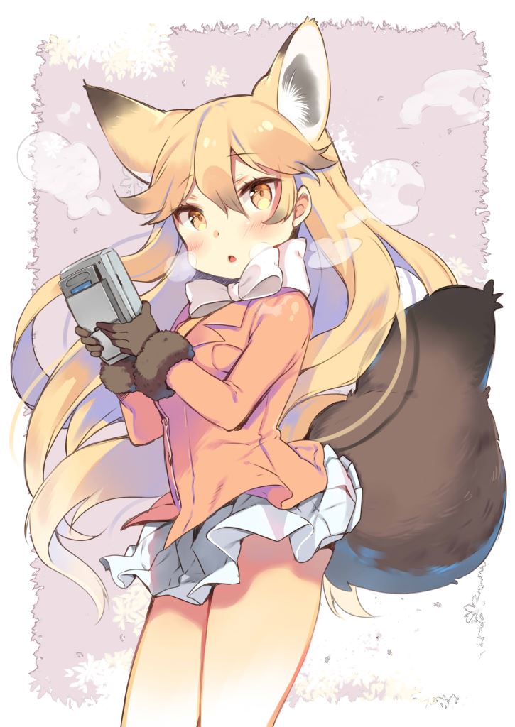 1girl animal_ears black_gloves blonde_hair blush bow cowboy_shot ezo_red_fox_(kemono_friends) fox_ears fox_tail fur_trim game_boy gloves hair_between_eyes handheld_game_console holding jacket kemono_friends kibii_mocha long_hair miniskirt orange_jacket simple_background skirt solo standing tail white_bow white_skirt yellow_eyes