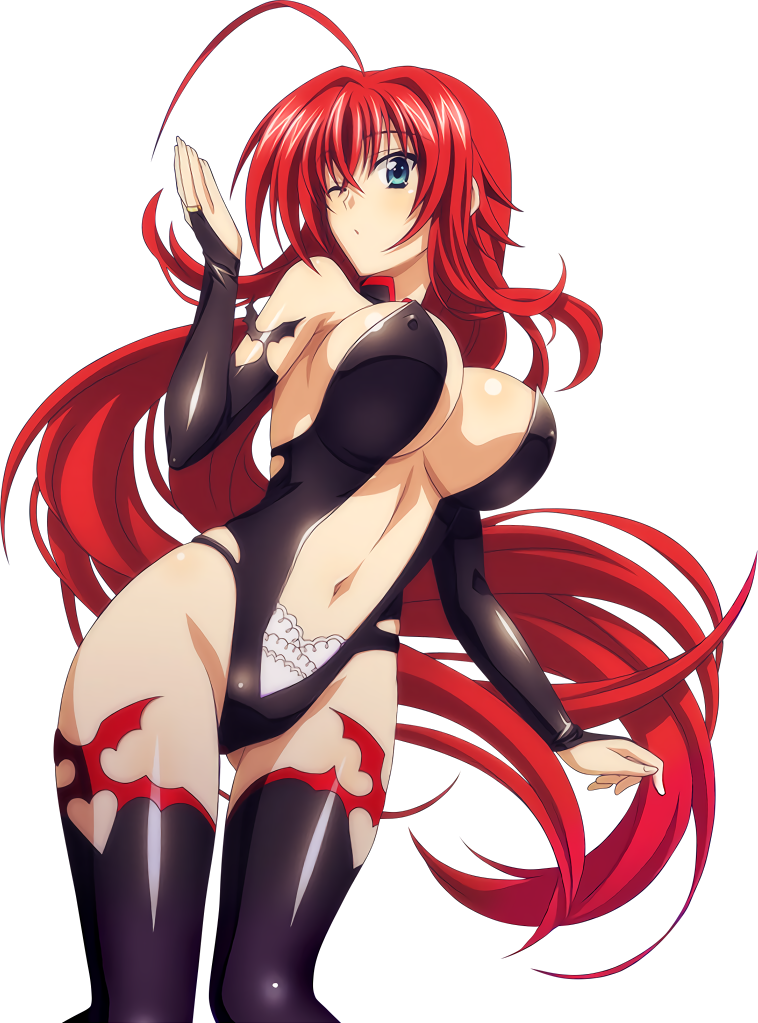 1girl absurdly_long_hair ahoge black_legwear black_leotard blue_eyes breasts bridal_gauntlets cleavage erect_nipples from_below high_school_dxd jewelry large_breasts leotard long_hair looking_at_viewer midriff navel one_eye_closed parted_lips redhead rias_gremory ring sideboob solo thigh-highs transparent_background very_long_hair