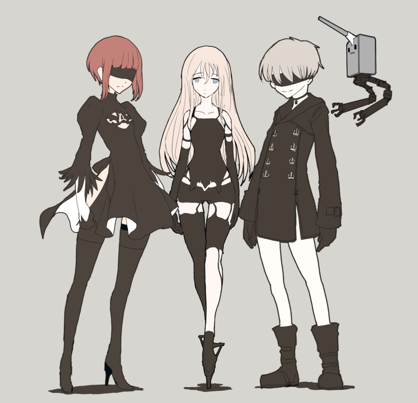 3girls black_dress black_gloves black_legwear blindfold blonde_hair blue_eyes boots boushi-ya cosplay dress gloves high_heels kantai_collection long_hair looking_at_viewer multiple_girls nier_(series) nier_automata pod_(nier_automata) redhead short_hair smile u-511_(kantai_collection) yorha_no._2_type_b yorha_no._2_type_b_(cosplay) yorha_no._9_type_s yorha_no._9_type_s_(cosplay) yorha_type_a_no._2 yorha_type_a_no._2_(cosplay) z1_leberecht_maass_(kantai_collection) z3_max_schultz_(kantai_collection)