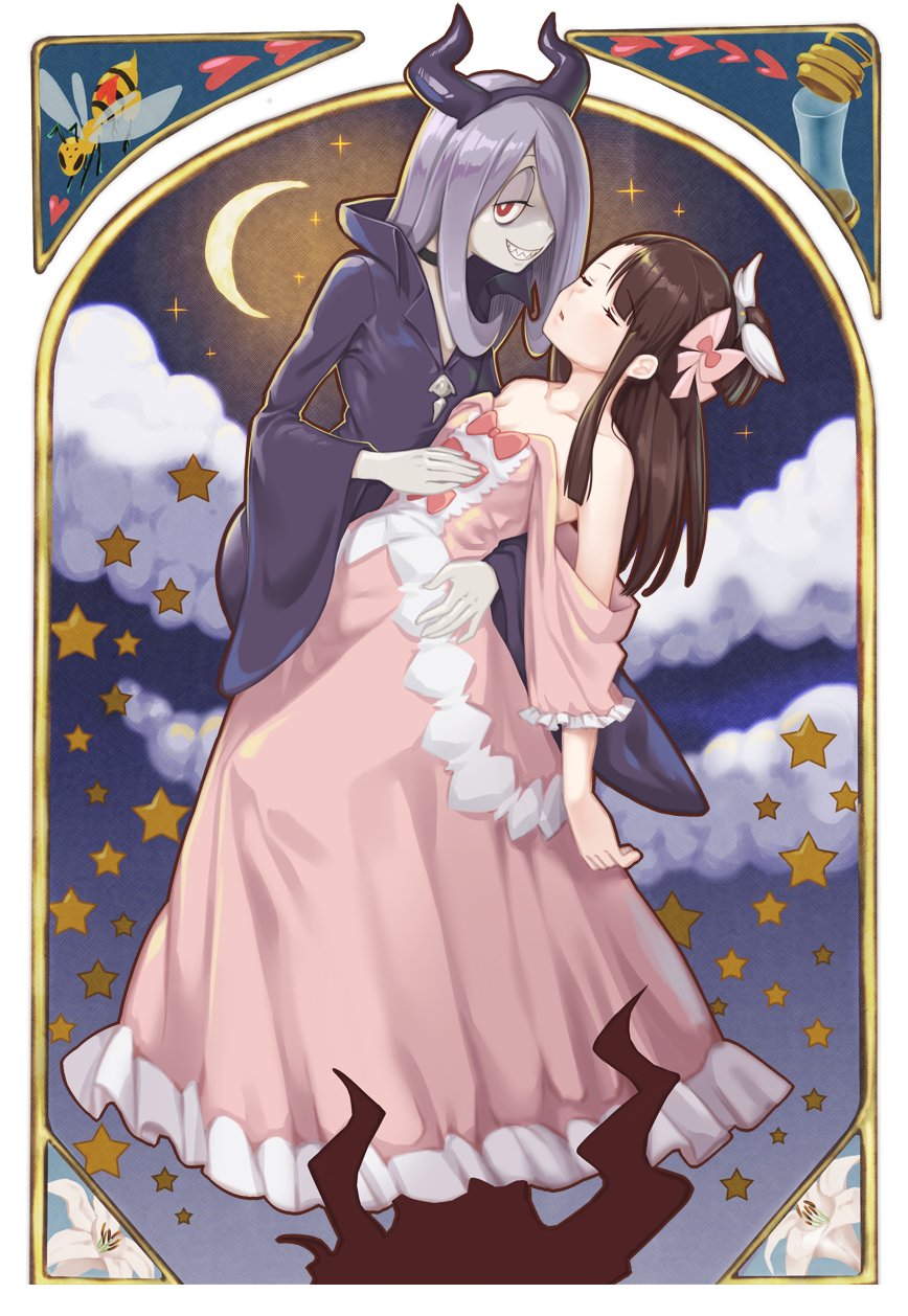 2girls bare_shoulders black_cloak bow brown_hair choker closed_eyes clouds collarbone crescent_moon dress easter_lily flower frilled_dress frills fukuroumori hair_bow hair_over_one_eye heart highres horned_headwear kagari_atsuko lily_(flower) little_witch_academia long_hair moon multiple_girls pink_dress purple_hair red_eyes sharp_teeth sky smile star star_(sky) starry_sky sucy_manbavaran teeth wasp white_flower yuri