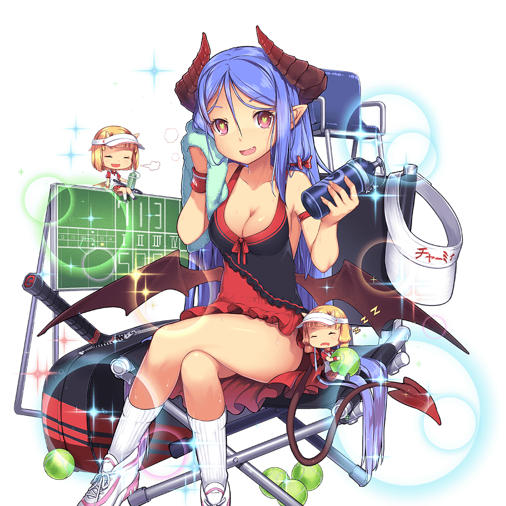 3girls aoi_tsunami arm_ribbon ball blonde_hair blue_hair bottle breasts chair charmy_(uchi_no_hime-sama) cleavage closed_eyes demon_girl demon_horns demon_tail demon_wings fang heart heart-shaped_pupils holding horns legs_crossed long_hair looking_at_viewer medium_breasts miniskirt multiple_girls official_art open_mouth pointy_ears racket red_eyes ribbon scoreboard shoes sitting skirt sneakers sparkle symbol-shaped_pupils tail towel transparent_background uchi_no_hime-sama_ga_ichiban_kawaii visor_cap water_bottle white_legwear wings wristband